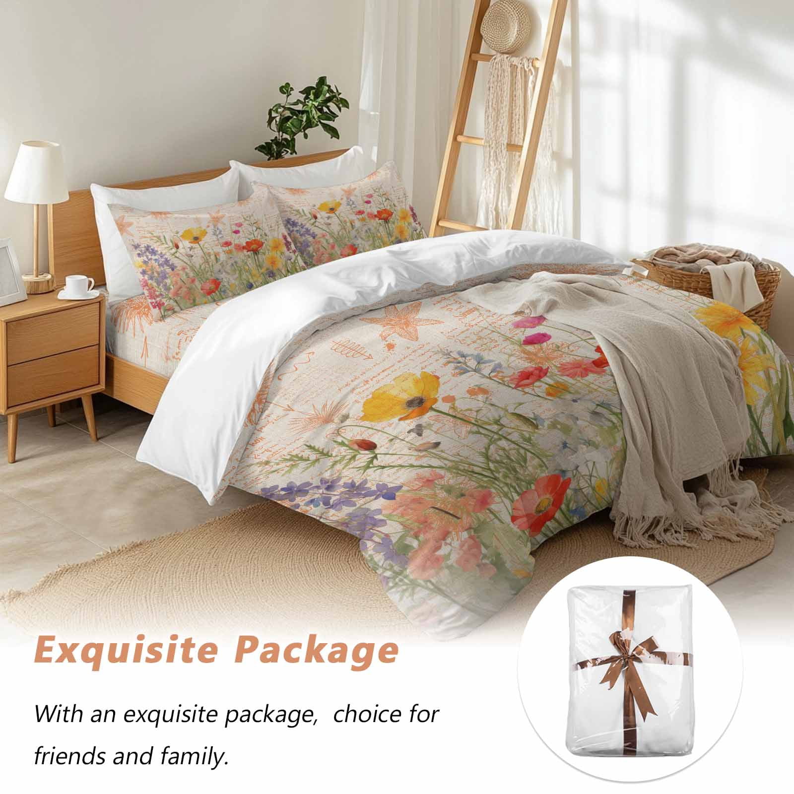 Queen 4 Piece Bedding Set Watercolor Blossom Poppy Flower Soft Breathable Duvet Cover and Pillowcase, Retro Spring Floral Leaves Duvet Cover Set Bed Sheets for Bedroom Dormitory Guest Room
