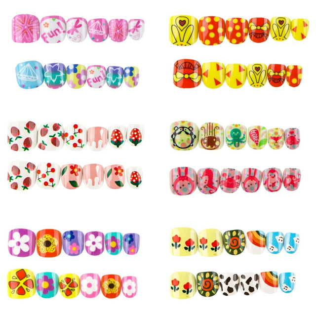 6 juegos de uñas postizas para niños, uñas postizas cortas de cubierta completa para niñas y niños