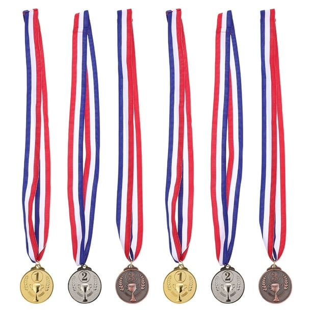6 medallas falsas de oro, plata, bronce y cintas para el cuello Medallas de aleación de zinc para niños y adultos, competiciones deportivas, cumpleaños y ceremonias de premiación