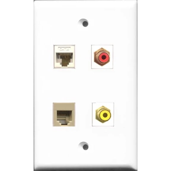 RiteAV 1 Port RCA Red and 1 Port RCA Yellow and 1 Port Phone RJ11 RJ12 Beige and 1 Port Cat6 Ethernet White Wall Plate