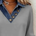 thumbnail image 6 of Trendy Long Sleeve Tops for Women with Denim Jean Patchwork Button Lapel V Neck Casual Spring Fall Sweatshirt (L, Gray), 6 of 7