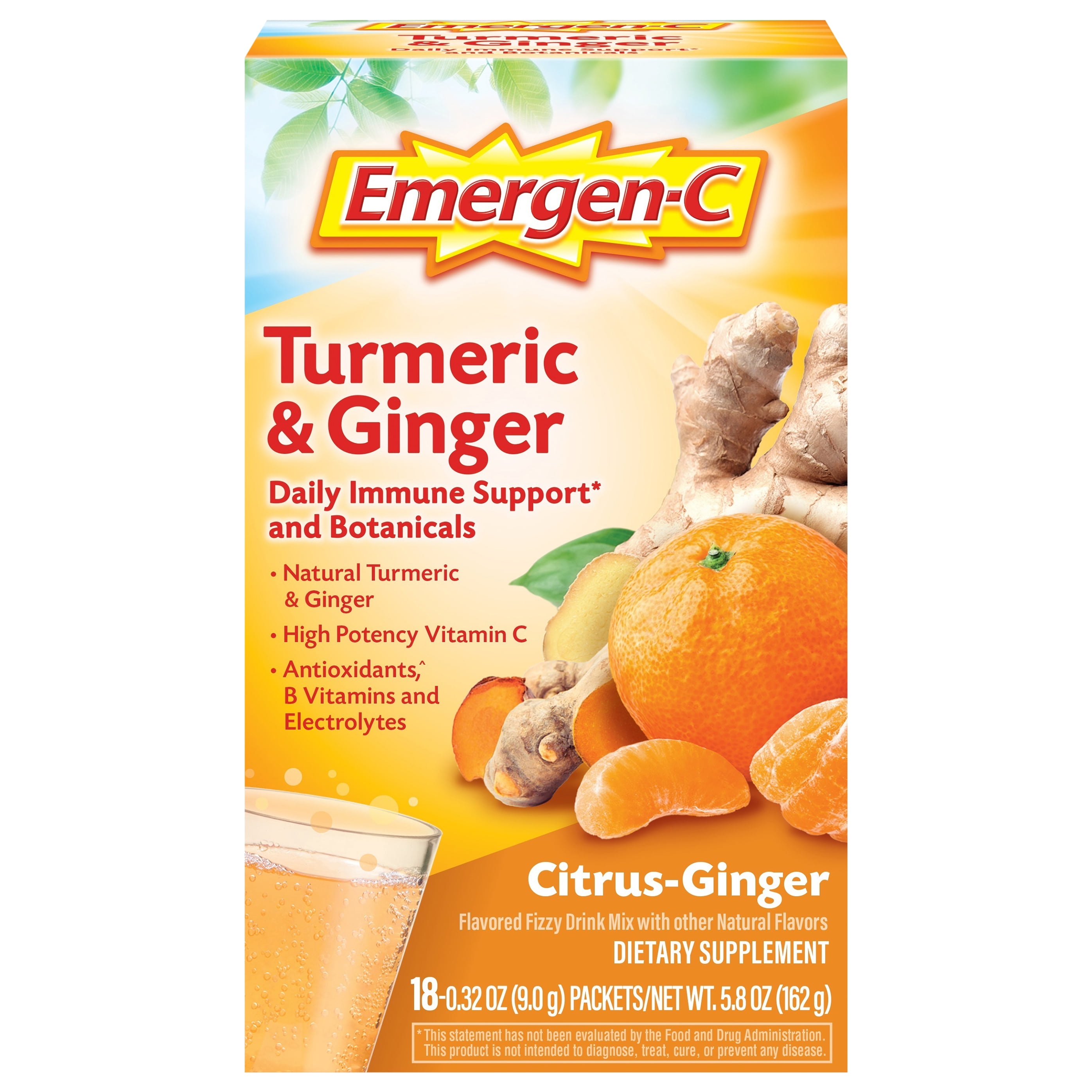 Emergen-C Citrus-Ginger Fizzy Drink Mix, Turmeric and Ginger, Immune Support, Natural Flavors With High Potency Vitamin C, 18 Count