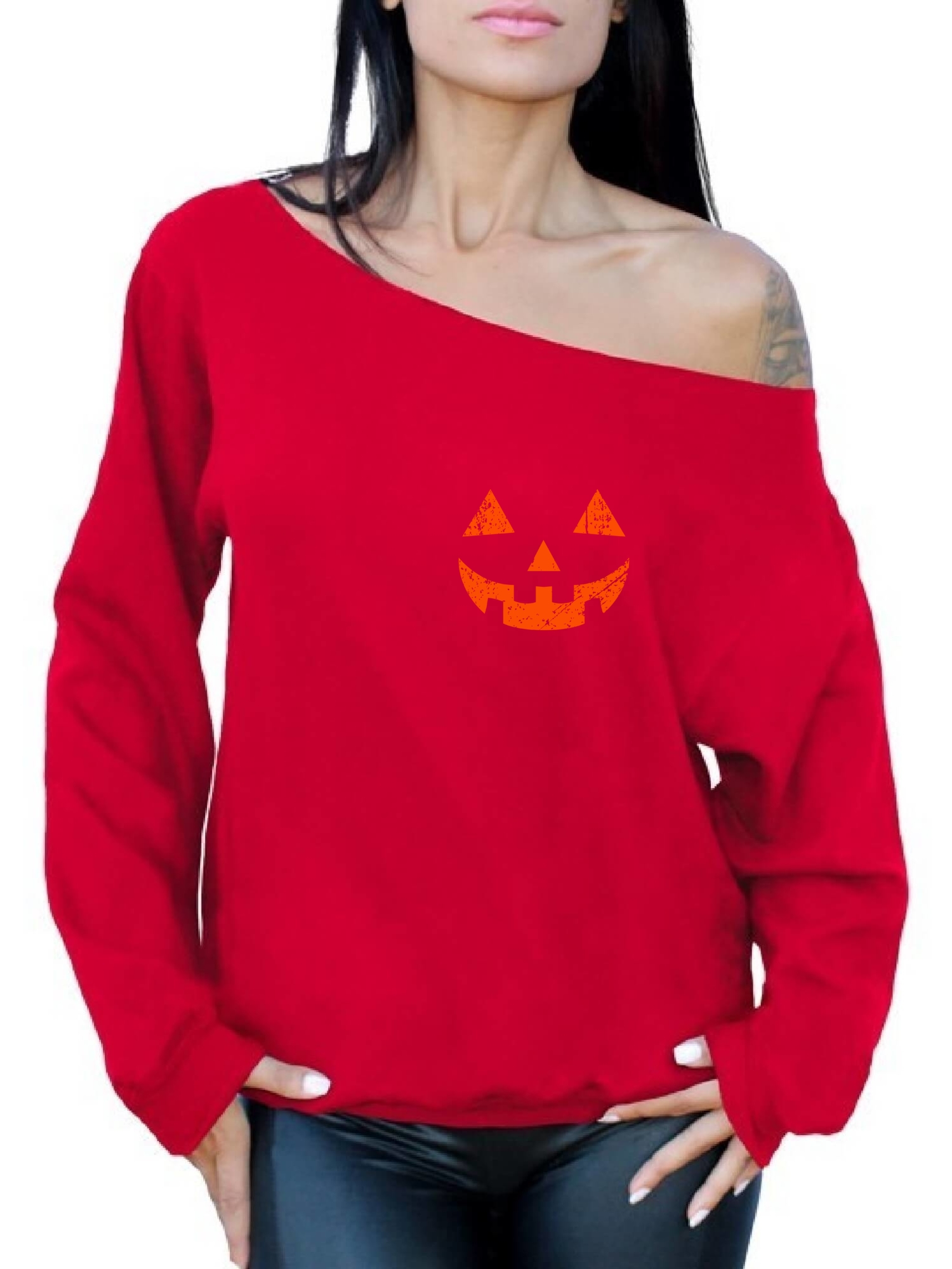 Awkward Styles Halloween Pumpkin Face Off Shoulder Sweatshirt Women's Halloween Sweater Spooky Gifts for Her Jack-O'-Lantern, Red