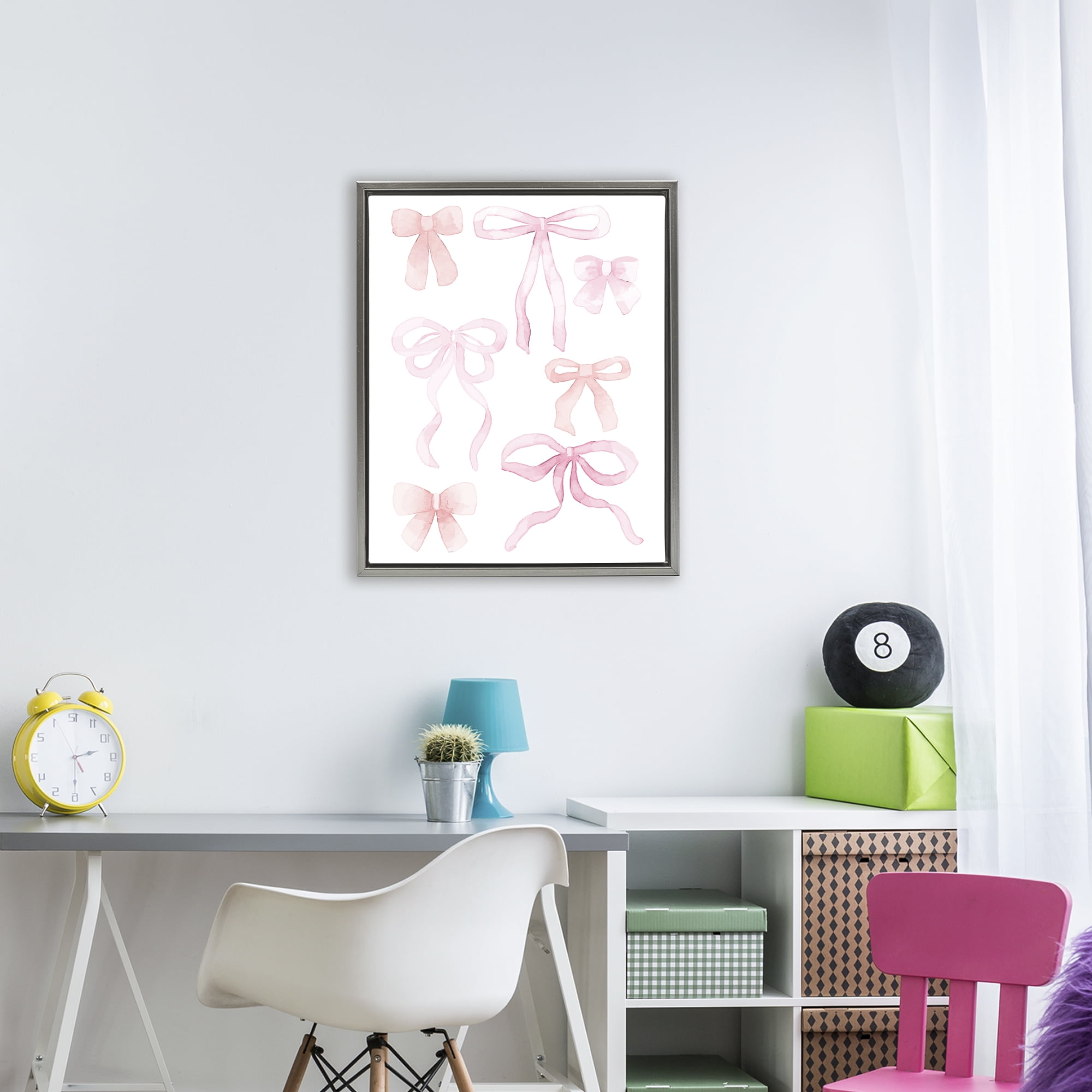 Pink Watercolor Bows Gray Framed Floater Canvas Wall Art, design by Kim Allen
