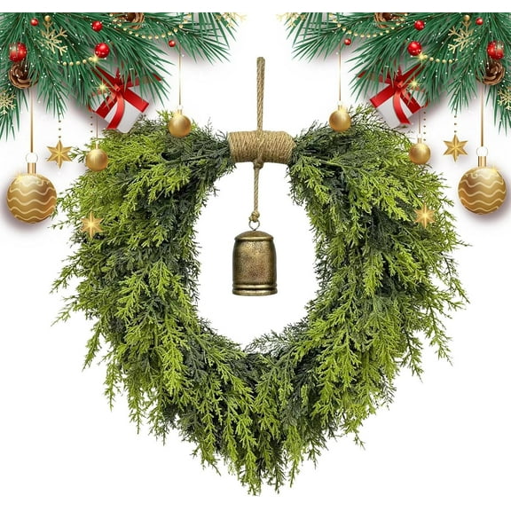 Guvpev Christmas Wreaths for Front Door, 20" Artificial Christmas Cedar Wreath with Bells for Holiday Decor, Real Touch Christmas Greenery Door Wreath for Indoor & Outdoor Christmas Decorations