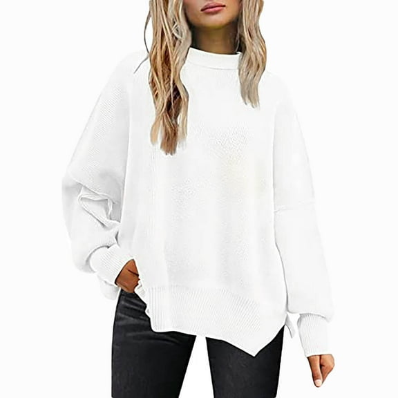 GigrtiJin Womens Fall Winter Knit Sweaters Round-Neck Long-Sleeved Solid Color Sweater Top Warm Comfy Loose Blouse