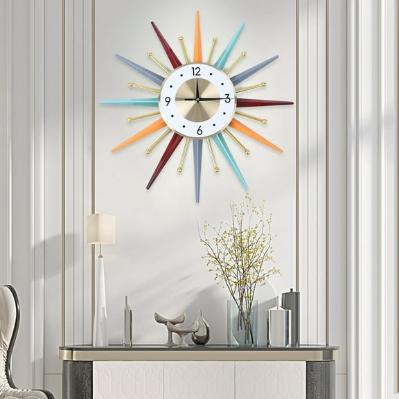 56CM Vintage Sunburst Wall Clock, Metal, Space-saving, 3D Colorful Hollow Decor Wall Clock for Living Room