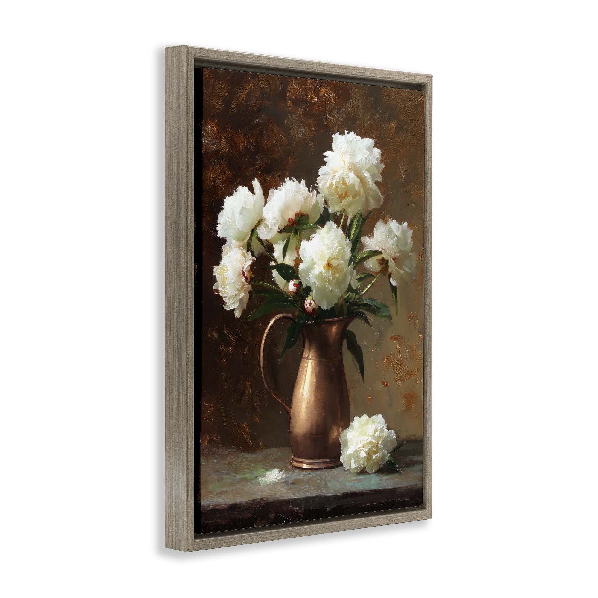 Stupell Industries Bronze Vase Peonies Brown Framed Floater Canvas Wall Art, design by Petal Prints Design