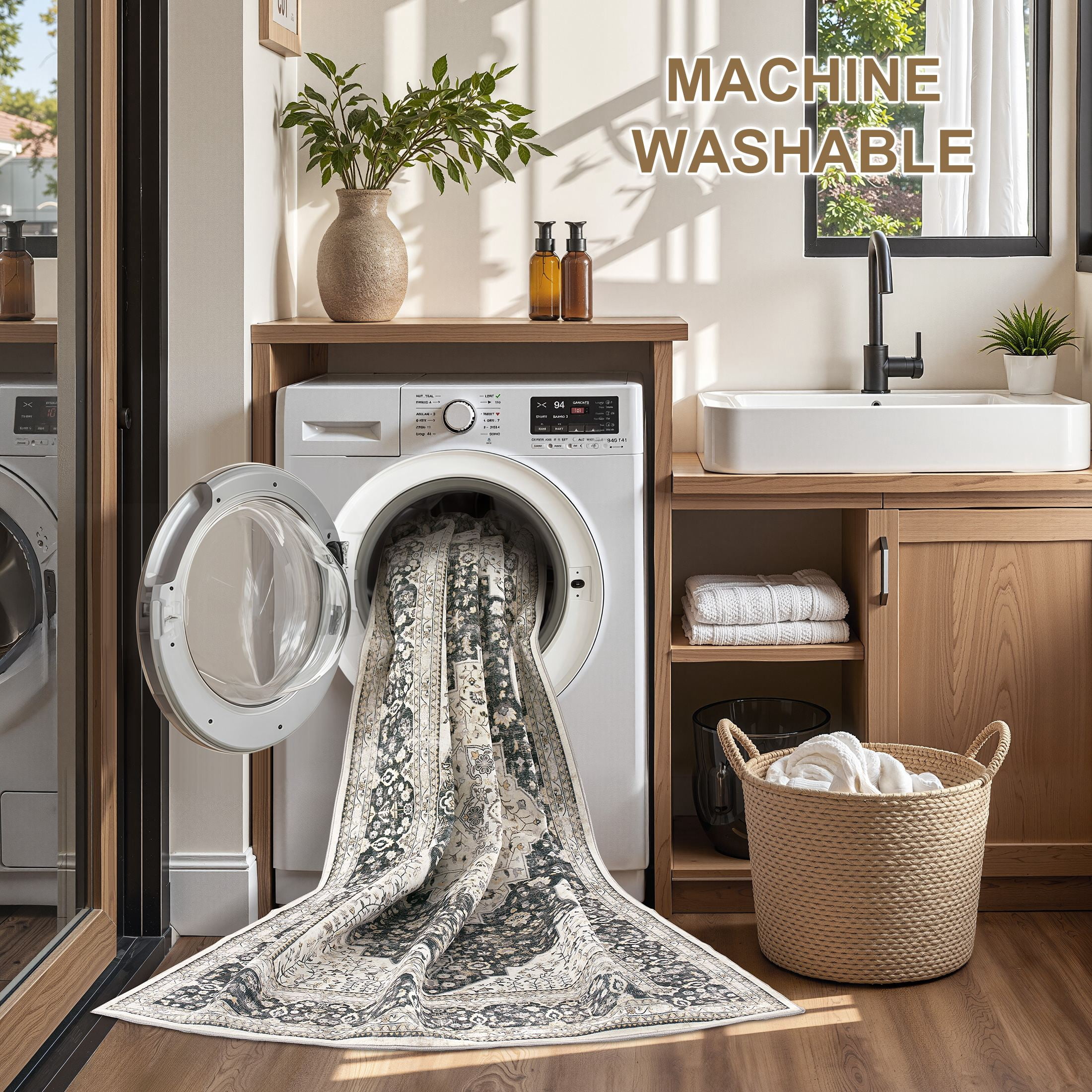 UERMEI 10'x14' Washable Area Rugs for Living Room, Vintage Floral Boho Printed Carpet, Non Slip Indoor Rug for Bedroom Home Decor Carpets - Black