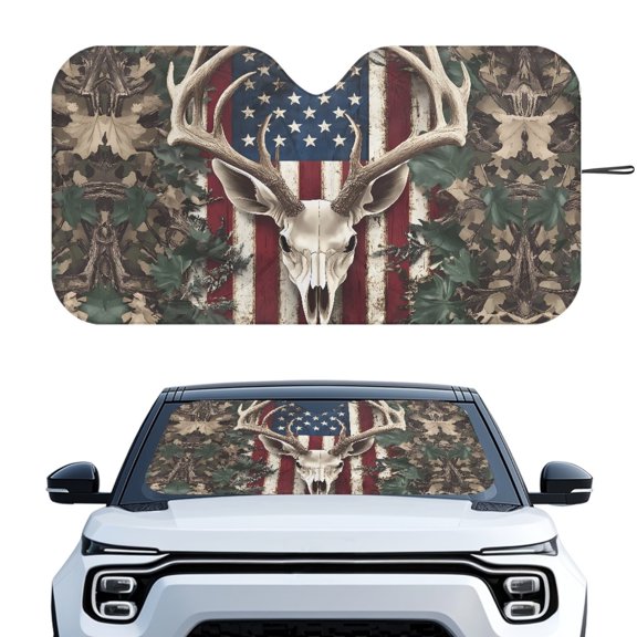 Yuyamidu Deer Car Windshield Sunshade American Flag Auto Window Shades Car Accessories Camo Hunting Windshield Visor Sun Shade for SUV Van Keep Your Vehicle Cool
