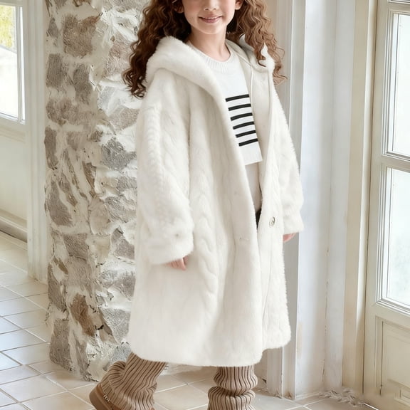 BRGZLK Girls White Coat Kids Fluffy Long Sleeve Hooded Button Jacket Winter Trendy Outwear with Pockets for Kids White 13-14 Years