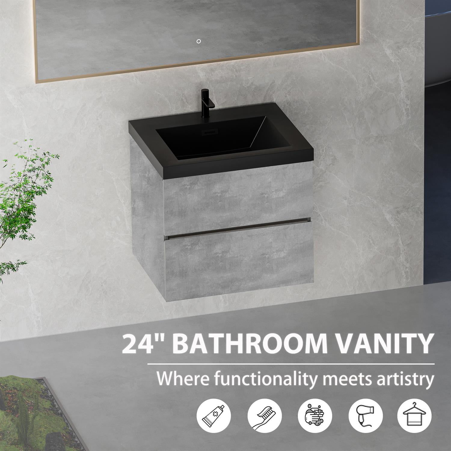 Demi Bonn 23" Floating Bathroom Vanity with Sink, Black Quartz Sand Top Basin and 2 Soft Close Drawers, Faucets and Drains Not Included, Gray