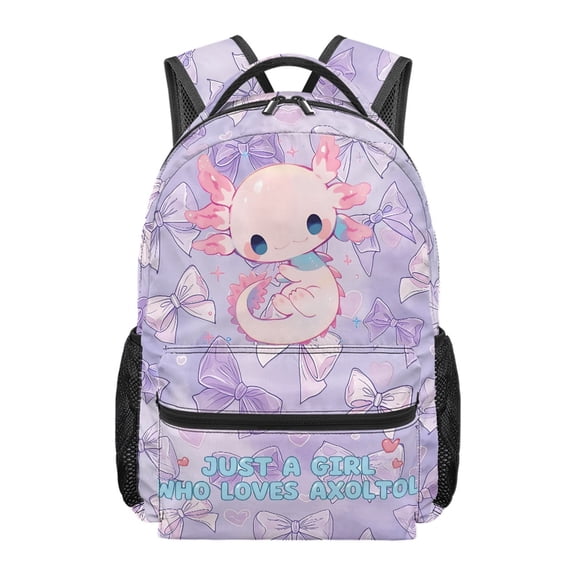 Pzuqiu Axolotl Purple Bow Pattern Student Backpack, Polyester Padded Straps School Backpack Waterproof School Bag for Zoo Visits Travel