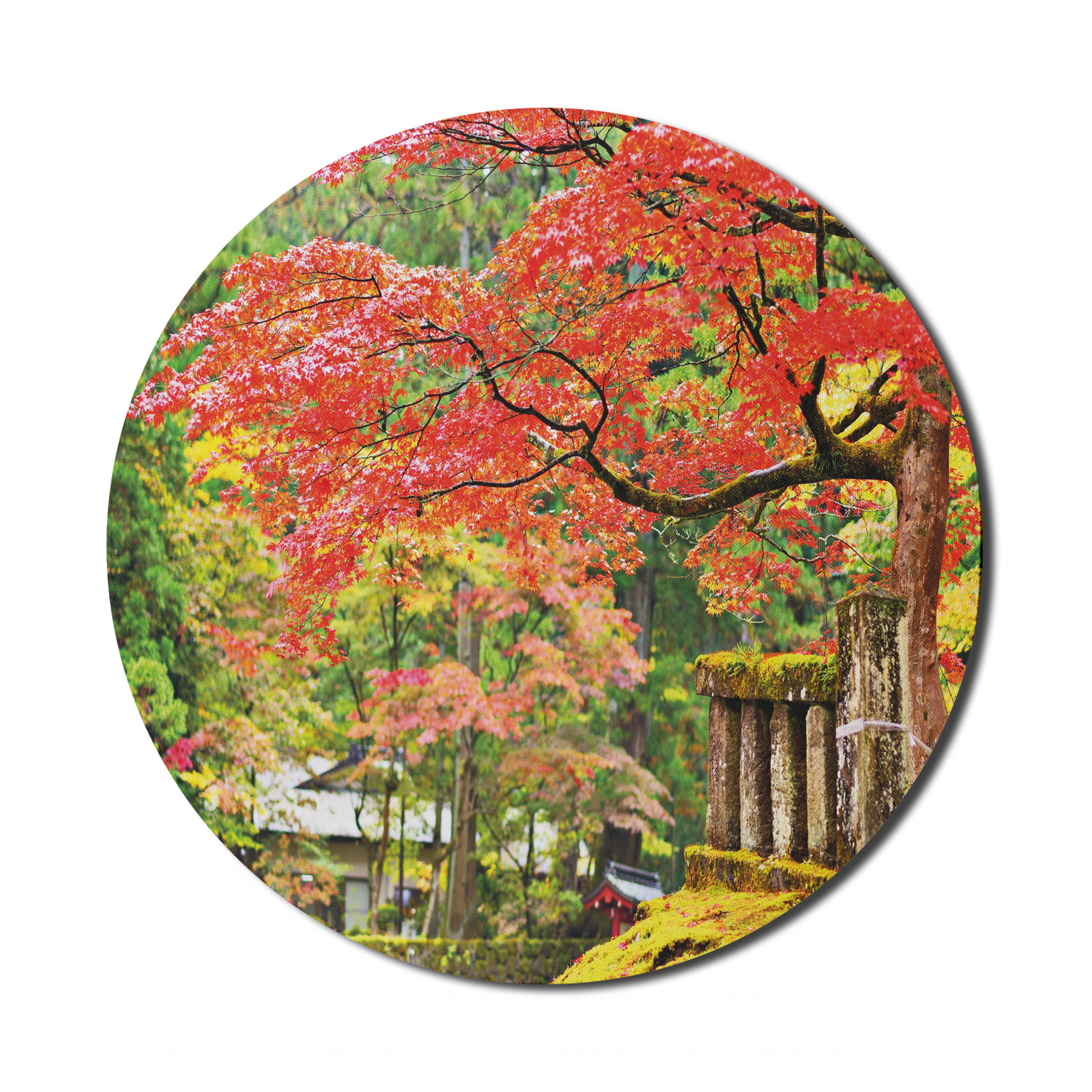 Japanese Mouse Pad for Computers, Autumn Scenery with Sakura Tree Cherry Blooms in Nikko Provinence Japan, Round Non-Slip Thick Rubber Modern Mousepad, 8" Round, Vermilion Green Brown, by Ambesonne - image 1 of 2