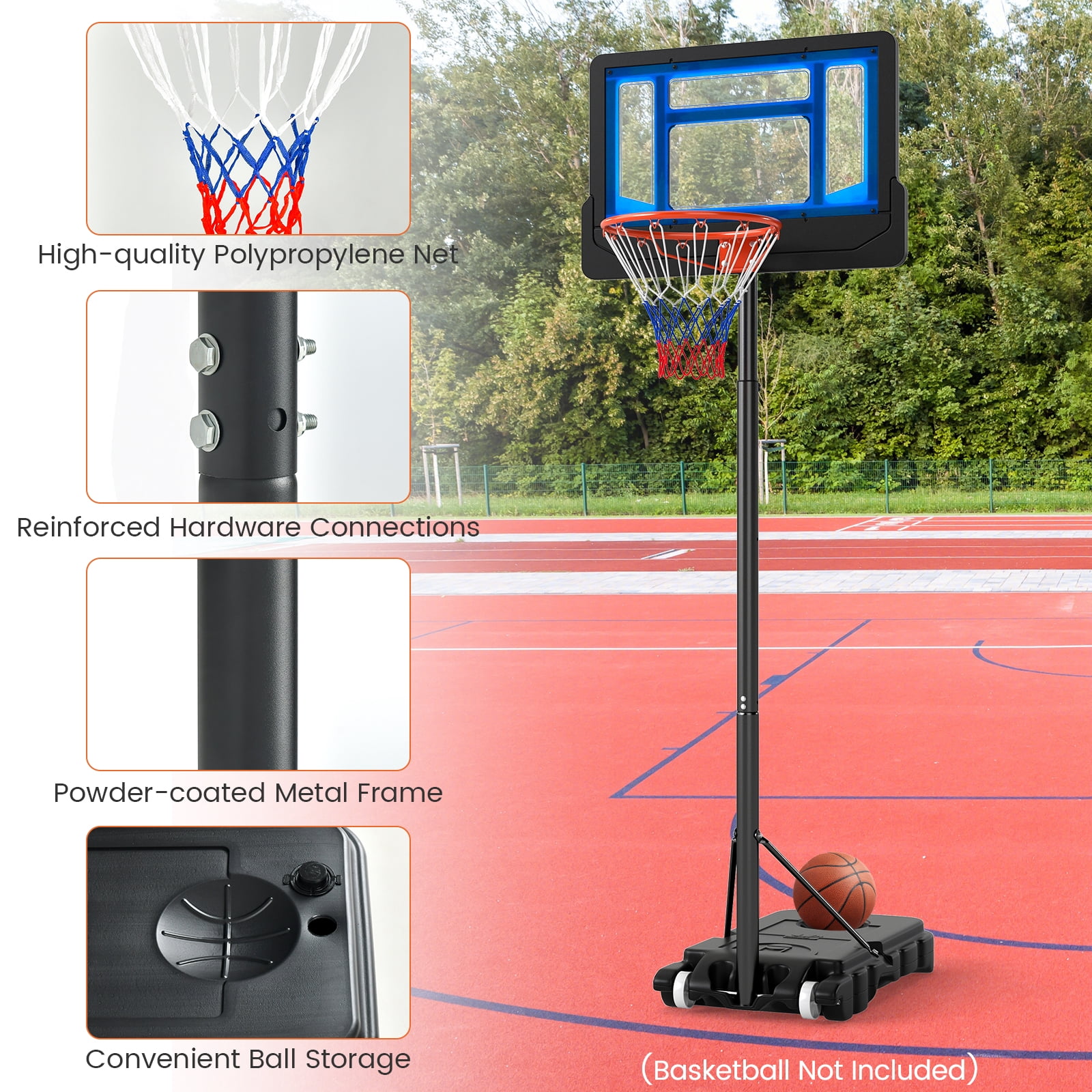 Patiojoy Basketball Hoop Portable Basketball Stand with Rolling Wheels 4.3-8.2FT Adjustable Height PE Backboard Fillable Base Blue
