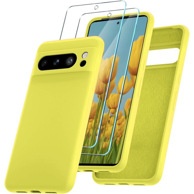 KOMI for Google Pixel 8 Pro Case, Silicone Phone Case with 2 Screen Protector, Soft Anti-Scratch Microfiber Lining, Full Body Shockproof Slim Cover Support Wireless Charging, Yellow
