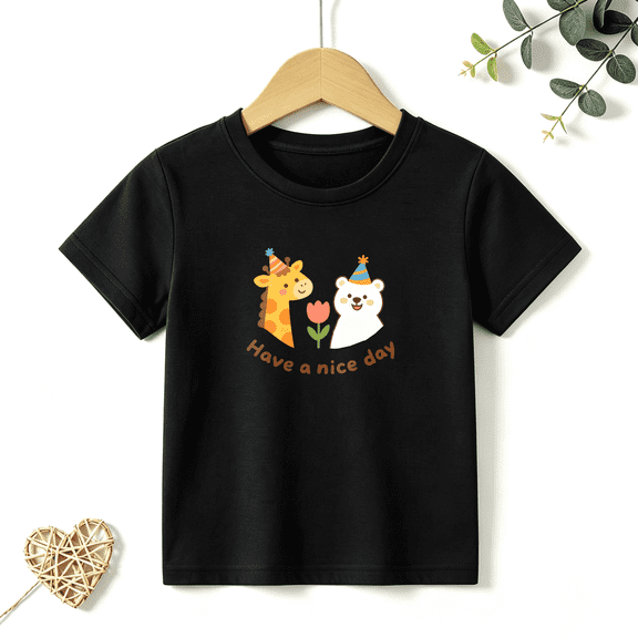 Girls Graphic Tees Giraffe Bear Flower Kids T Shirt Nice Day 100% Cotton Short Sleeve Soft Tops 4-13Y