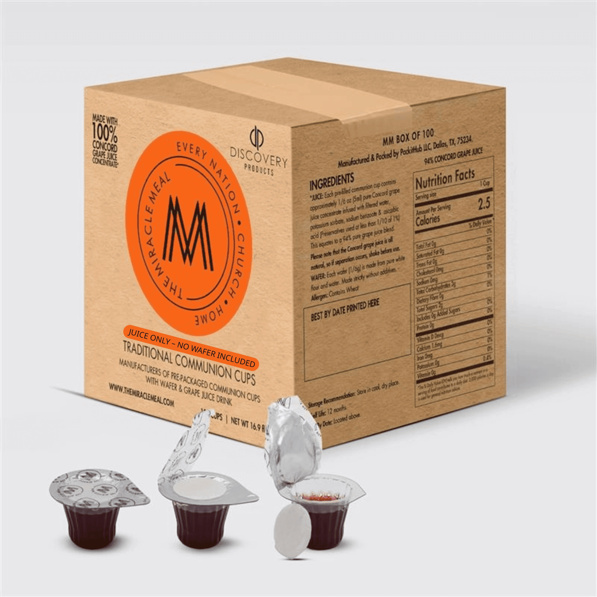 Discovery Products Prefilled Communion Cups with No Wafer Only Juice with 100% Concord Grape Juice - Box of 100