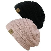 C.C Trendy Warm Chunky Soft Stretch Cable Knit Beanie Skully, 2 Pack Black/Rose
