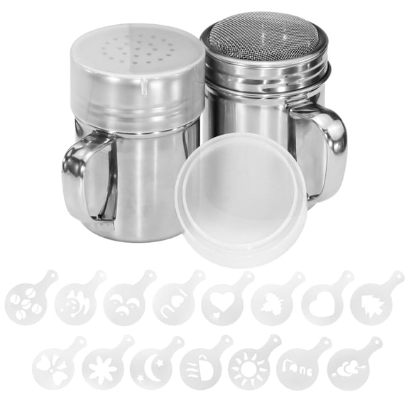 LELE LIFE 2Pcs Powdered Sugar Shaker Duster with Handle, 304 Stainless Steel Powder Sugar Sifter with 16pcs Coffee Stencils, Dredge Shaker for Flour Cinnamon, Fine & Medium Mesh