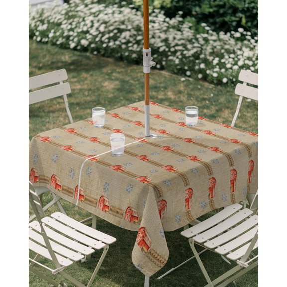 Outdoor Tablecloth with Umbrella Hole, Farmhouse Red Barn Brown Fence Zippered Table Cloth for Rectangle Tables, Autumn Theme Seamless Washable Waterproof Tablecloths for Picnic Patio Garden