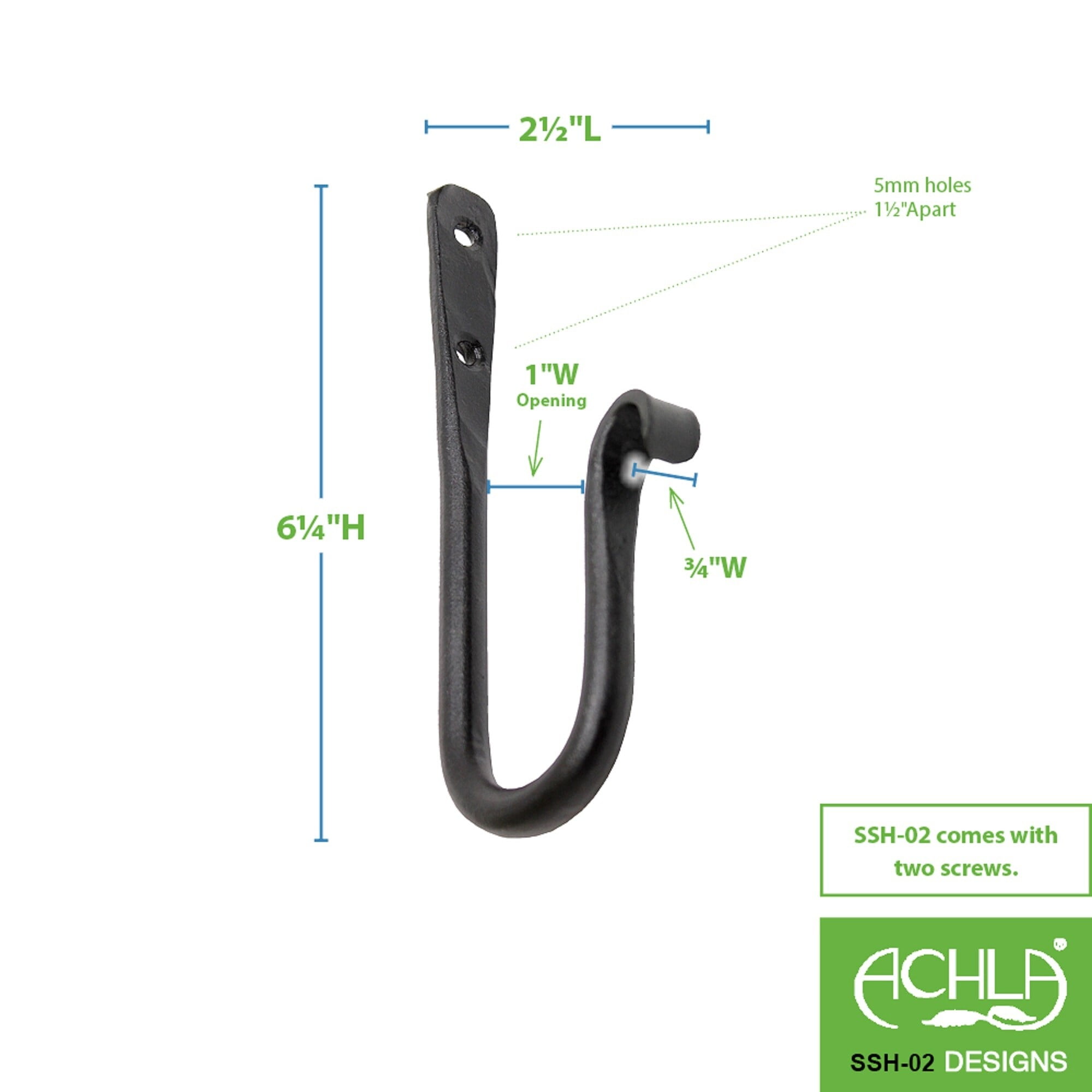Achla Designs Set of 3 Multi Purpose J-Hook Brackets, 6 Inch Long, Black Powder Coat Finish