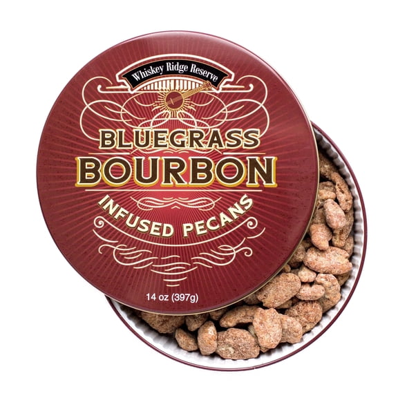 DM Snacks Bluegrass Bourbon Pecans - Whiskey Ridge Reserve Candied Nuts - Gift Tin 14oz