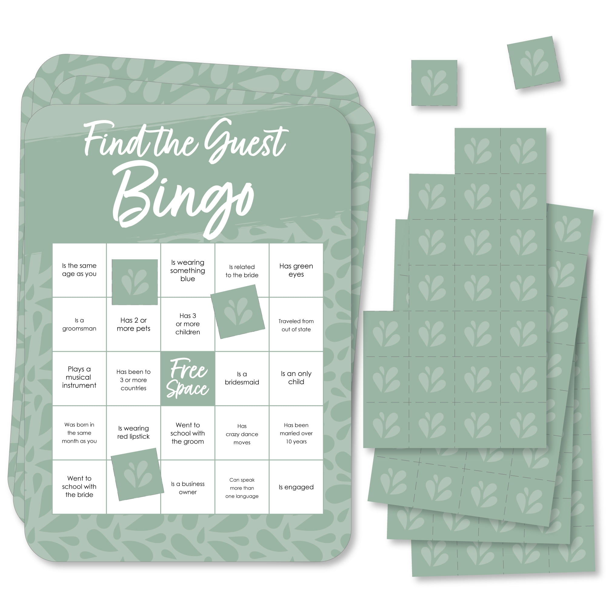 Big Dot of Happiness Sage Green Elegantly Simple - Find the Guest Bingo Cards and Markers - Wedding & Bridal Shower Bingo Game Set of 18