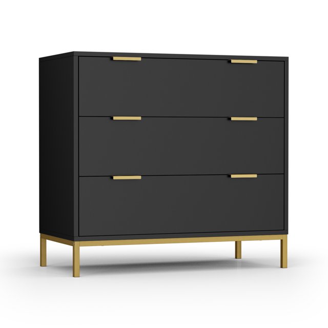 Commode à 3 Tiroirs en Bois Noir, 29,3 Po de Hauteur, Grand Buffet de Style Mi-Siècle, Table d'Appoint, Crédence pour Chambre et Salon, H0073