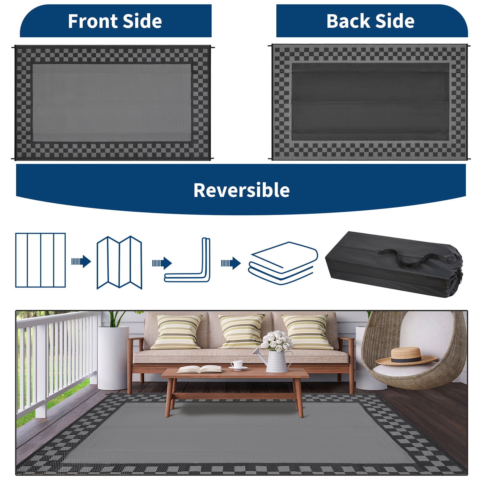HIWEAVER 9' x 12' Black/Gray Outdoor Rug PP Plastic Straw Woven Waterproof Patio Rug with Border Portable Outside Carpet for Balcony Deck Picnic Garden Decor