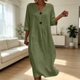thumbnail image 4 of Wovilon Women's V-Neck Button Front Midi Dress with 3/4 Rolled Sleeves and Relaxed Fit, Cotton Linen Blend Casual Loose Shift Dress for Summer Vacation, 4 of 6