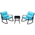 thumbnail image 1 of Outsunny 3 Pieces Patio Wicker Rocking Chairs Table Set, Outdoor PE Rattan Furniture with 2 Rockers & 1 Coffee Table w/ Padded Cushions for Deck, Backyard, Garden, Blue, 1 of 10