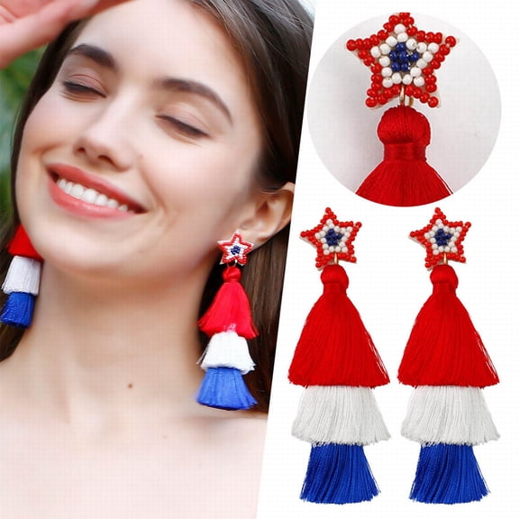 QIQUWOHUL 4 Of July Earrings Beaded American Flag Star Earrings For Women Handmade Tassel Dangle Independence Day Patriotic Earrings Memorial Day Holiday Jewelry