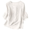 thumbnail image 3 of BODOAO Women Linen Embroidered Shirt Boho Tops Scoop Neck Beach Tops Fashion Outfits Peasant Blouses Loose Fit Blouses Comfy Blouses Dressy Casual Loungewear Half Sleeve Plus Size Quick Dry White 3Xl, 3 of 4