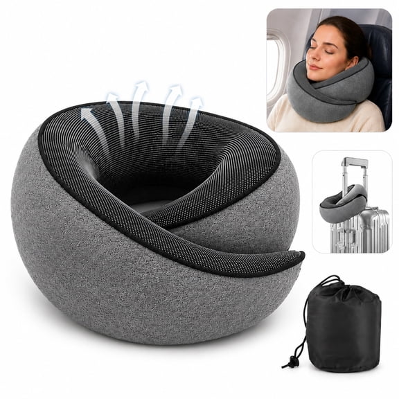 EHXS Travel Neck Pillow, Memory Foam Airplane Pillow for Sleeping, Adjustable 360° Neck Support with Removable Cover & Carry Bag, Gray