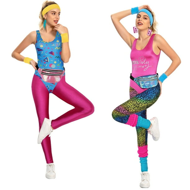 Conjunto de 8 leggings de los anos 80 y 90 para mujer adulta disfraz retro de Cosplay ropa deportiva para Halloween diadema traje de carnaval