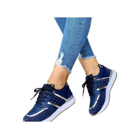 

Lacyhop Women s Sneakers Round Toe Walking Shoe Lace Up Casual Shoes Fitness Comfortable Fashion Sneaker Lightweight Patchwork Flats Navy Blue 6.5