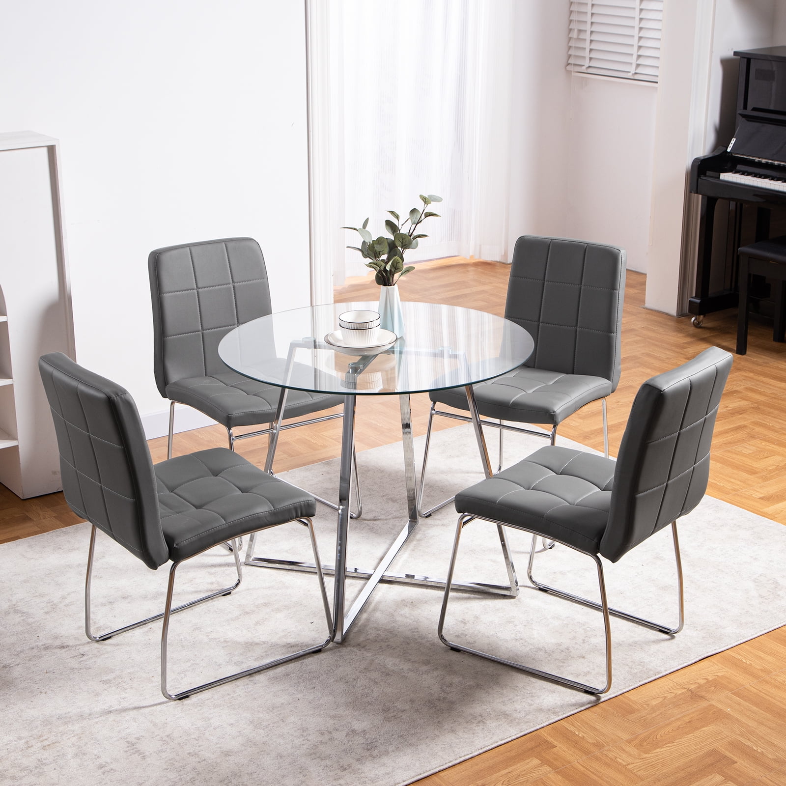 Sanspredet Modern Dining Table Set for 4, Round Glass Table and Faux