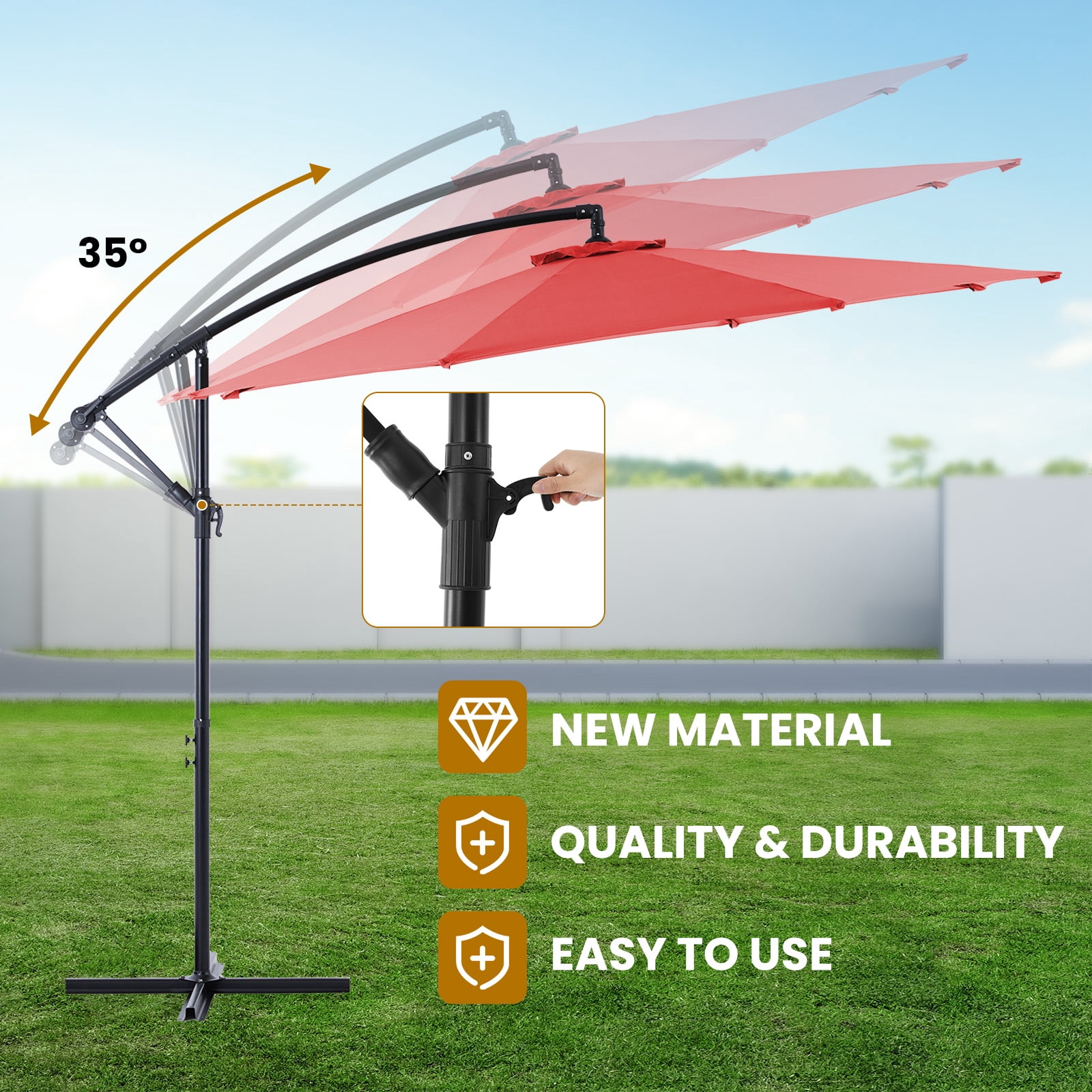 MCQ 10FT Cantilever Outdoor Patio Umbrella with Tilt & Crank, Self-Locking with 8 Sturdy Ribs, Large Sun Shade for Deck, Poolside, Red