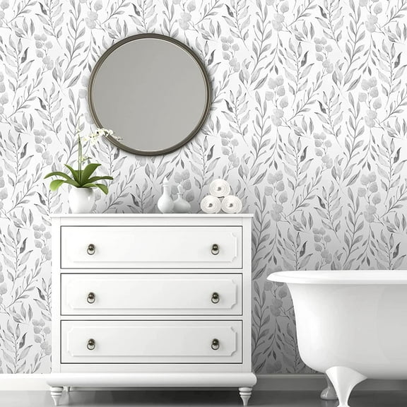 Caltero Peel and Stick Wallpaper Floral Wallpaper Gray Leaf Self Adhesive Wallpaper,17.7" x 118"