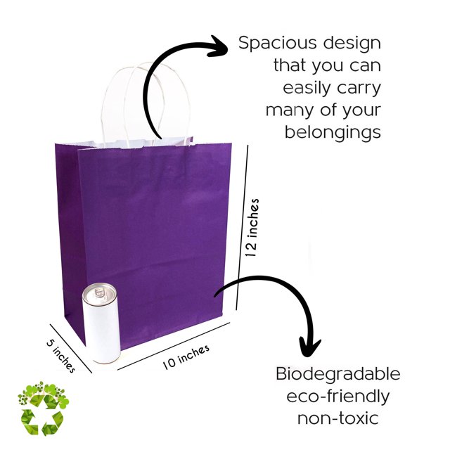 [25 PCS] 10" x 5" x 11" H PURPLE Colored Kraft Paper Shopping Bag with Twisted Handles for