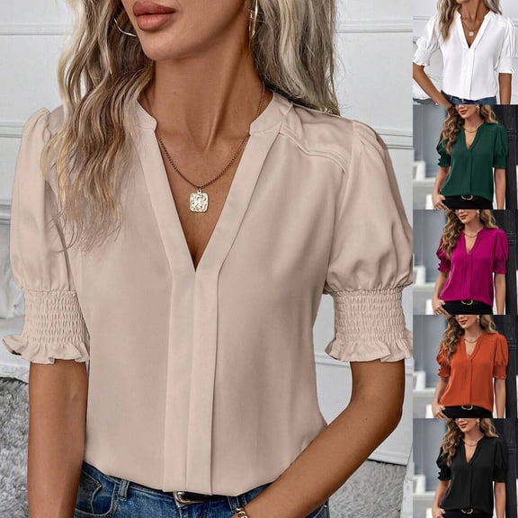 QHWAUAKFBN T Shirts For Women Trendy Graphic Summer New V Neck Style Bubble Sleeves Solid Color Tshirts Top