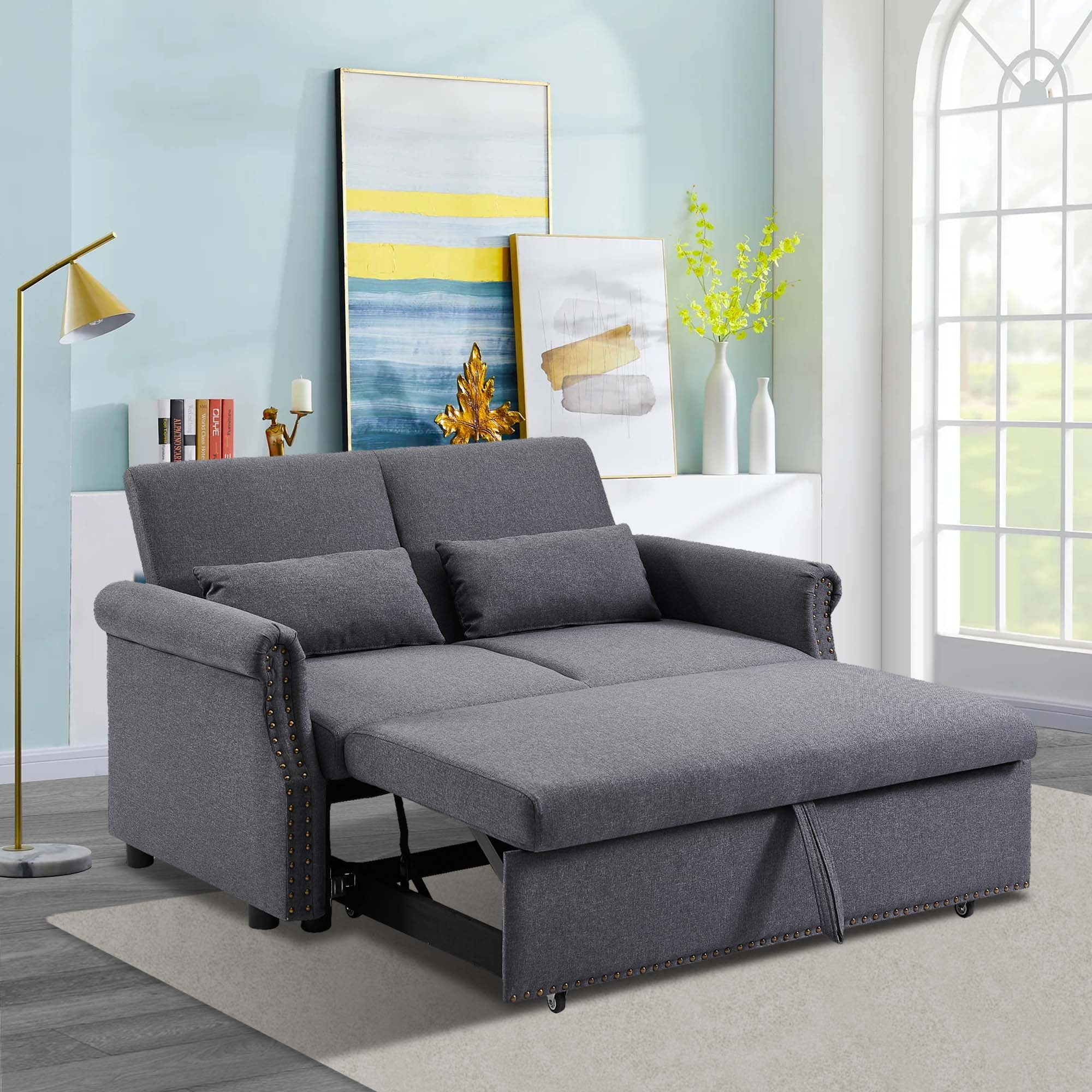 Aukfa 55" Convertible Sofa Bed with Pull Out Sleeper Bed, Nailhead Trim