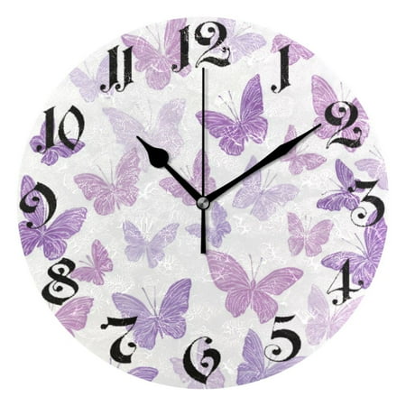 DEIARA Purple Butterfly Burgundy Butterfly Wall Clock 10in Silent Mechanism Battery Operated Retro Style for Living Room Bedroom and Kitchen Black Pointer