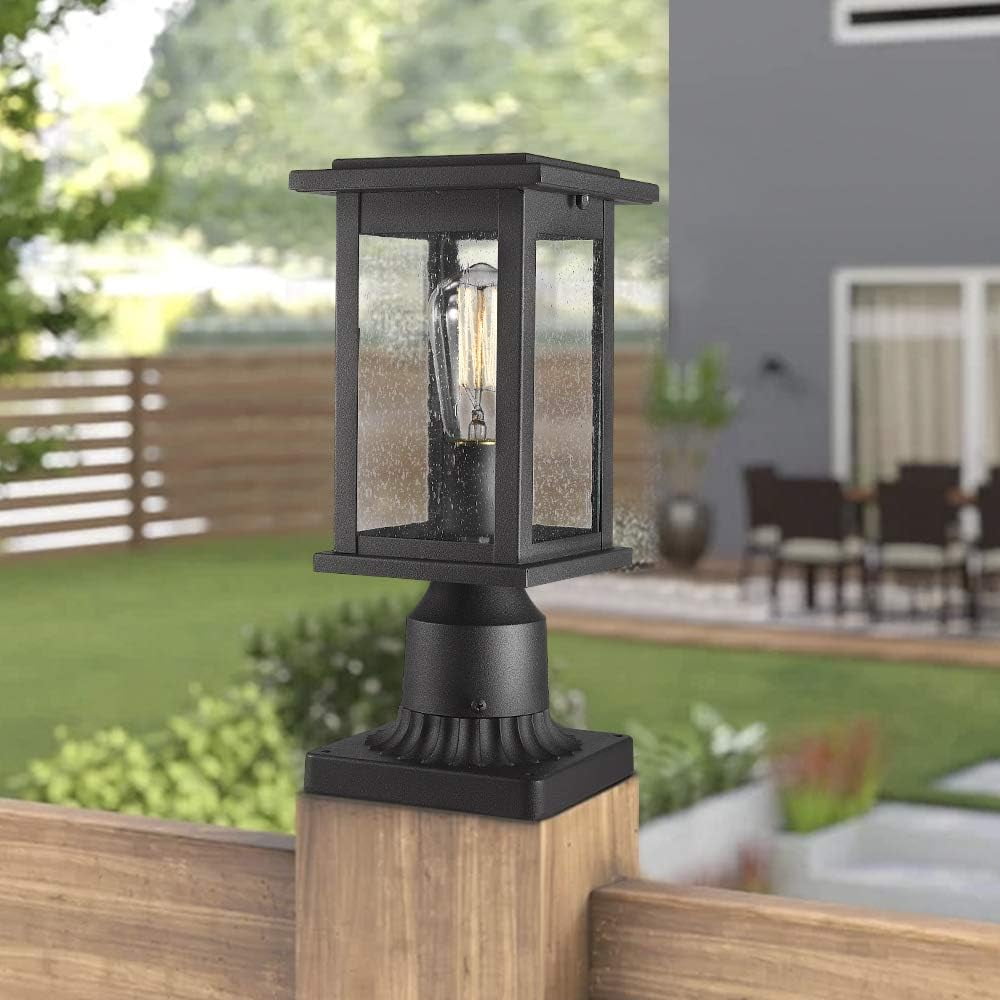 Emliviar Outdoor Post Light Fixtures, 12" Pillar Light in Black Finish with Seeded Glass, E26 Base, 1803EW1-P