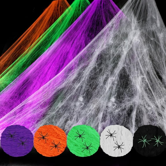 5 Colors Halloween Spider Web,3.52oz Stretch Spider Web Colorful Coweb with Plastic Spider for Halloween Hanuted House Indoor Outdoor Home Decoration