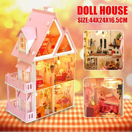 Led Light Pink Doll House Miniature Diy Handcraft 3d Wooden