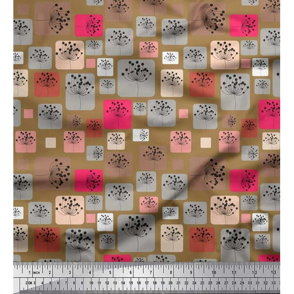 Soimoi Silk Fabric Artistic Flower & Square Geometric Printed Craft Fabric by the Yard 42 Inch Wide