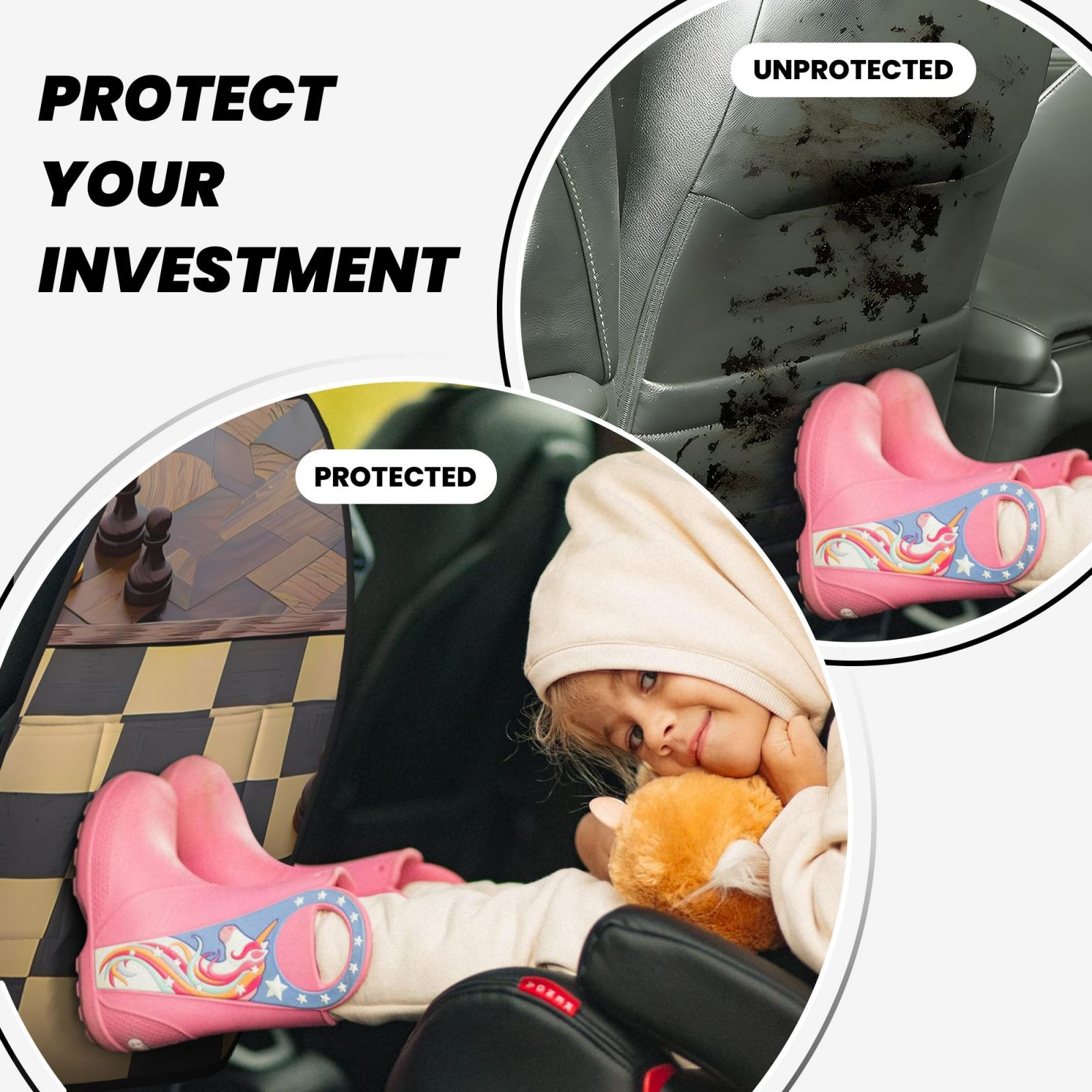 Xecao Chess Board With Pawns Pattern Car Seat Back Protector 2 Pack Large Capacity Pocket, Kick Mats Back Seat Protector