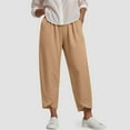 thumbnail image 2 of GEWSEY Cotton Linen Pants Women Elastic High Waist Straight Leg Lounge Pants Casual Slacks Summer Trouser with Pockets (Khaki, L), 2 of 9